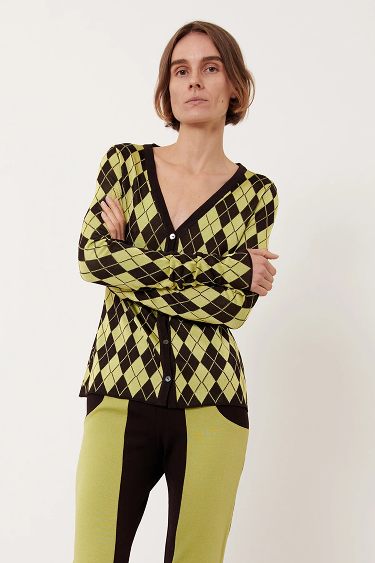 Lunes Knitted Cardigan Rombi Moca and Lime