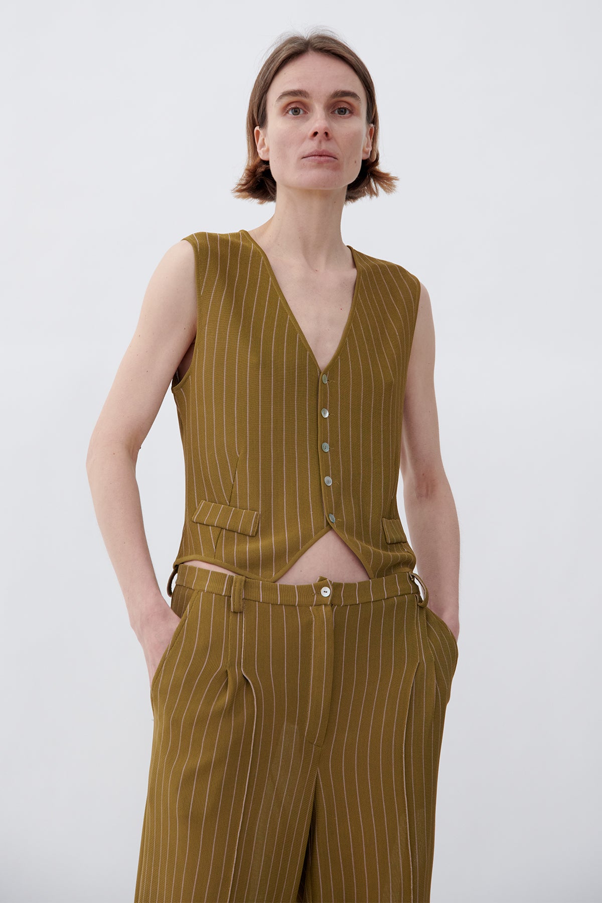 Robin Knitted Gilet Gessato Kaki and Rosa