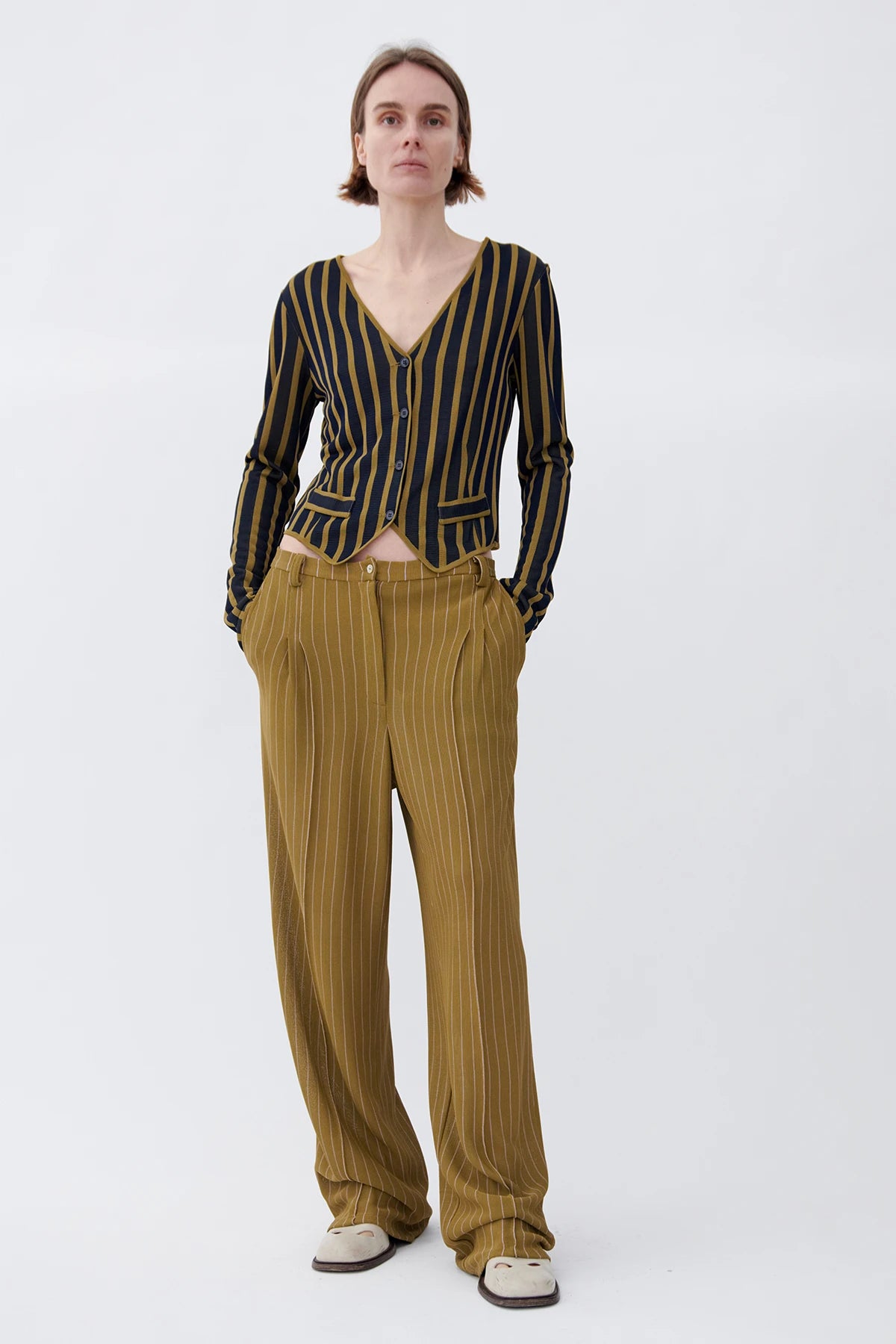Eli Knitted Cardigan Striped Navy and Oliva