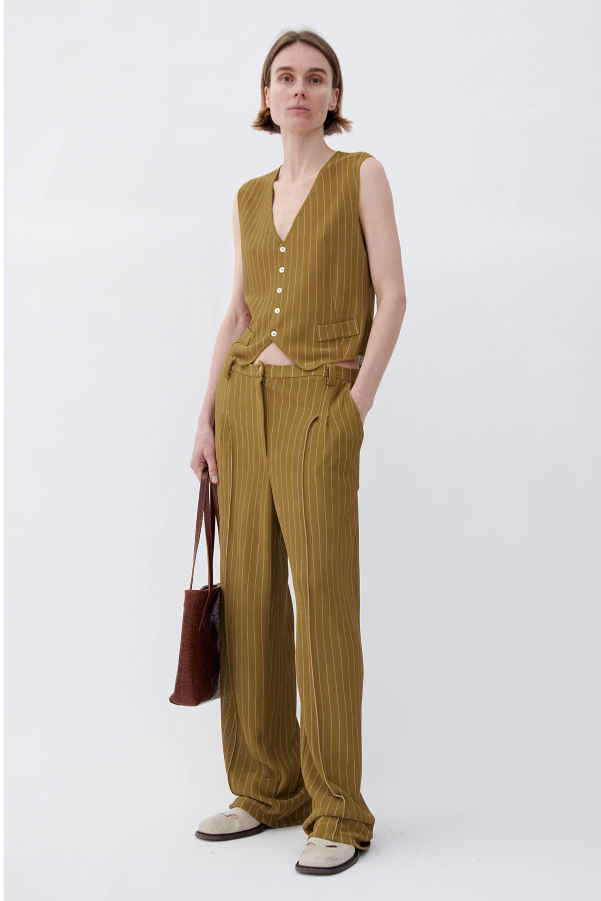 Poldo Knitted Pants Gessato Kaki and Rosa