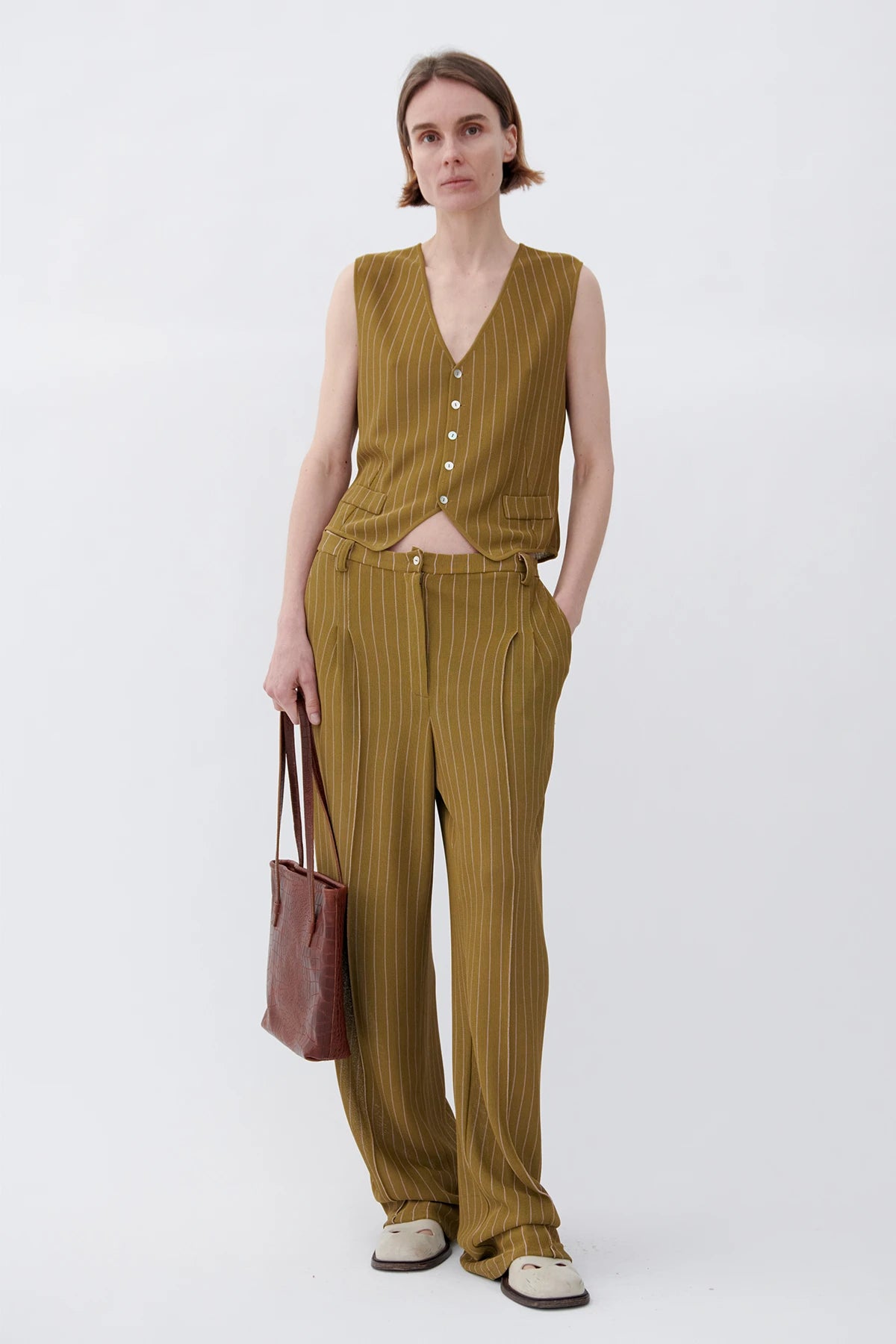 Robin Knitted Gilet Gessato Kaki and Rosa