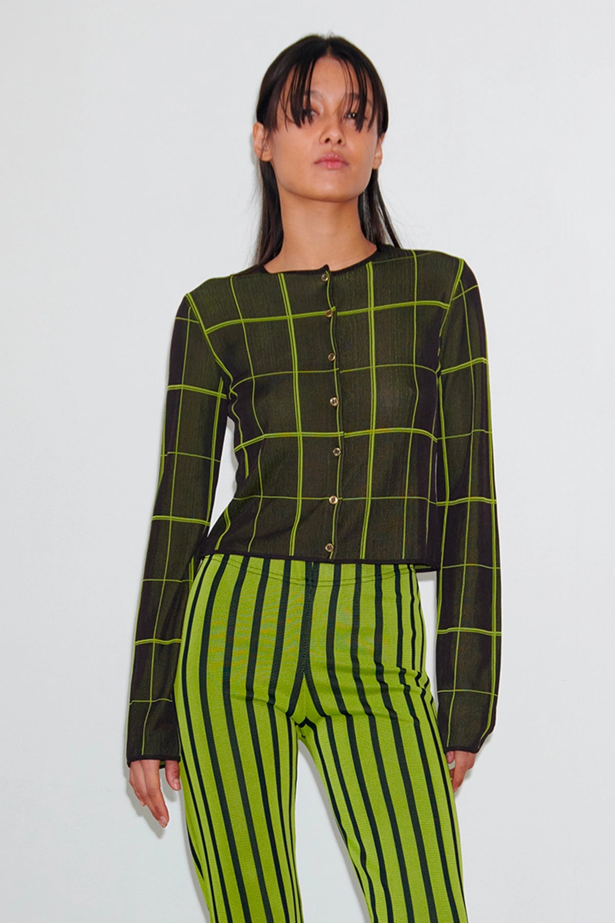 Bronski Knitted Cardigan Tartan Nero and Lime