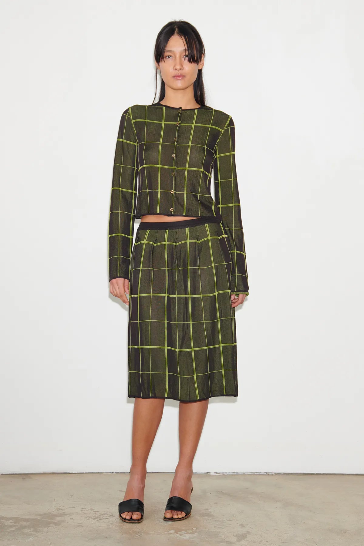 Cara Knitted Skirt Tartan Nero and Lime