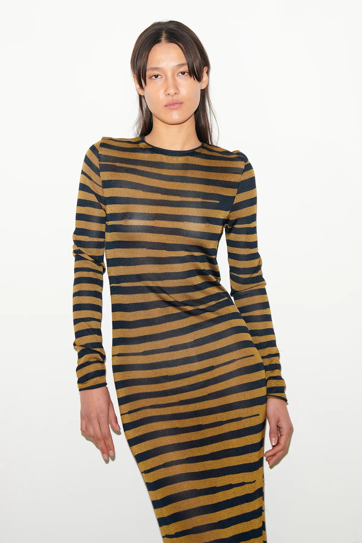 Momo Long Knitted Dress Striped Oliva and Navy