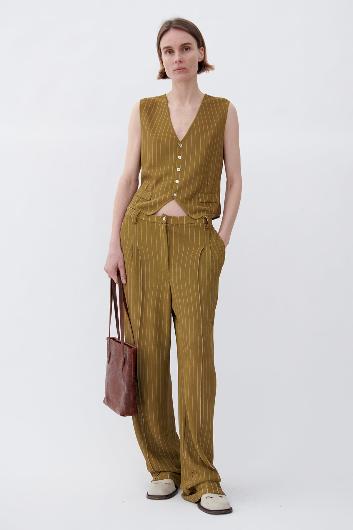Poldo Knitted Pants Gessato Kaki and Rosa