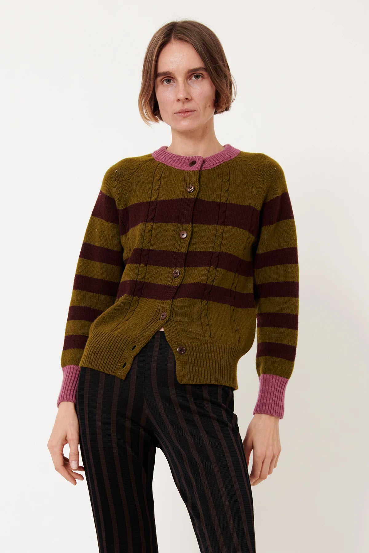 Tess Knitted Cardigan Striped Oliva and Melanzana