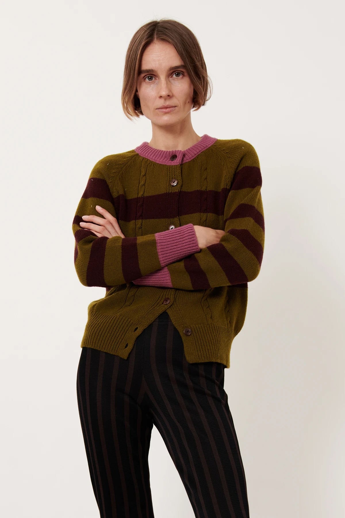 Tess Knitted Cardigan Striped Oliva and Melanzana