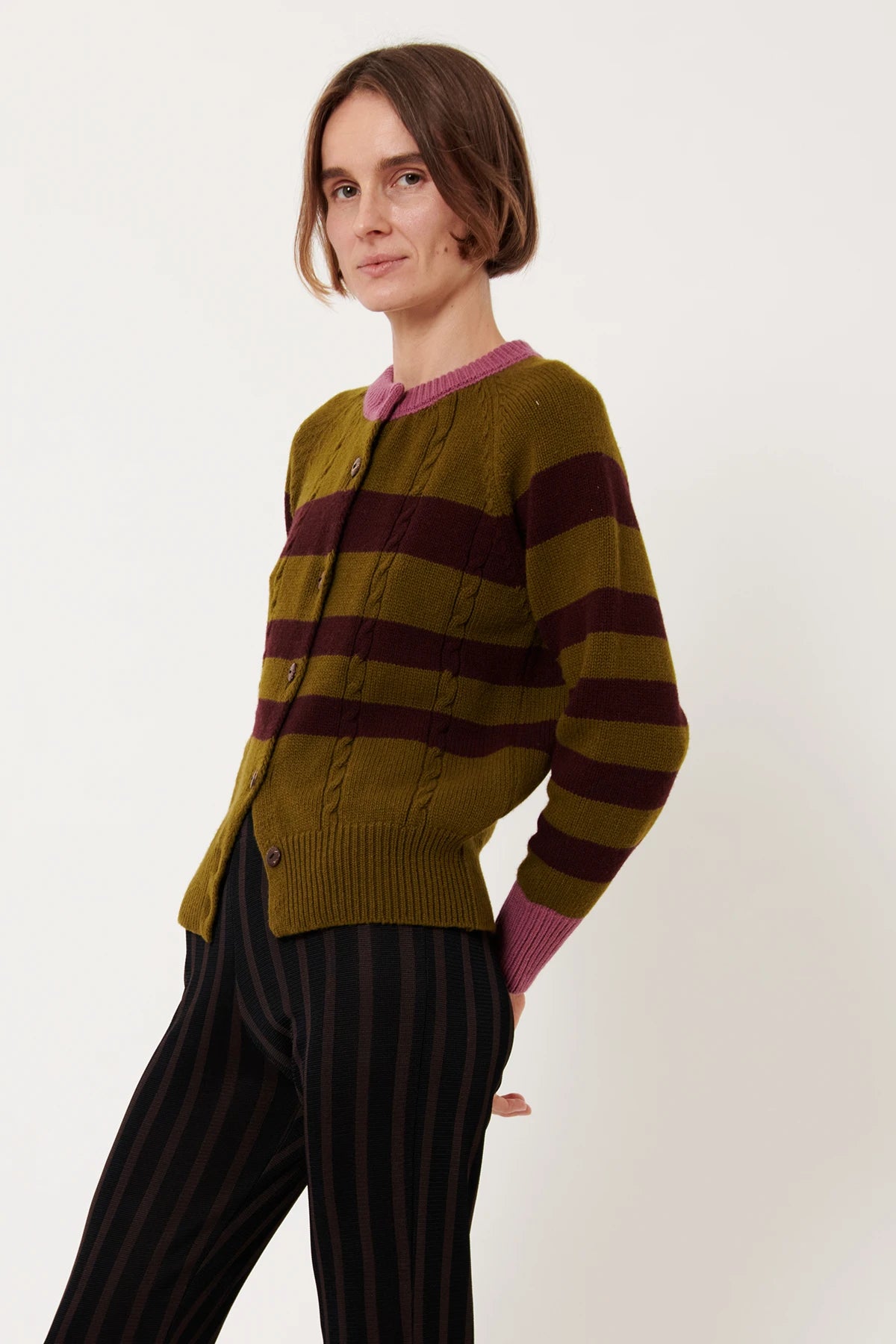 Tess Knitted Cardigan Striped Oliva and Melanzana