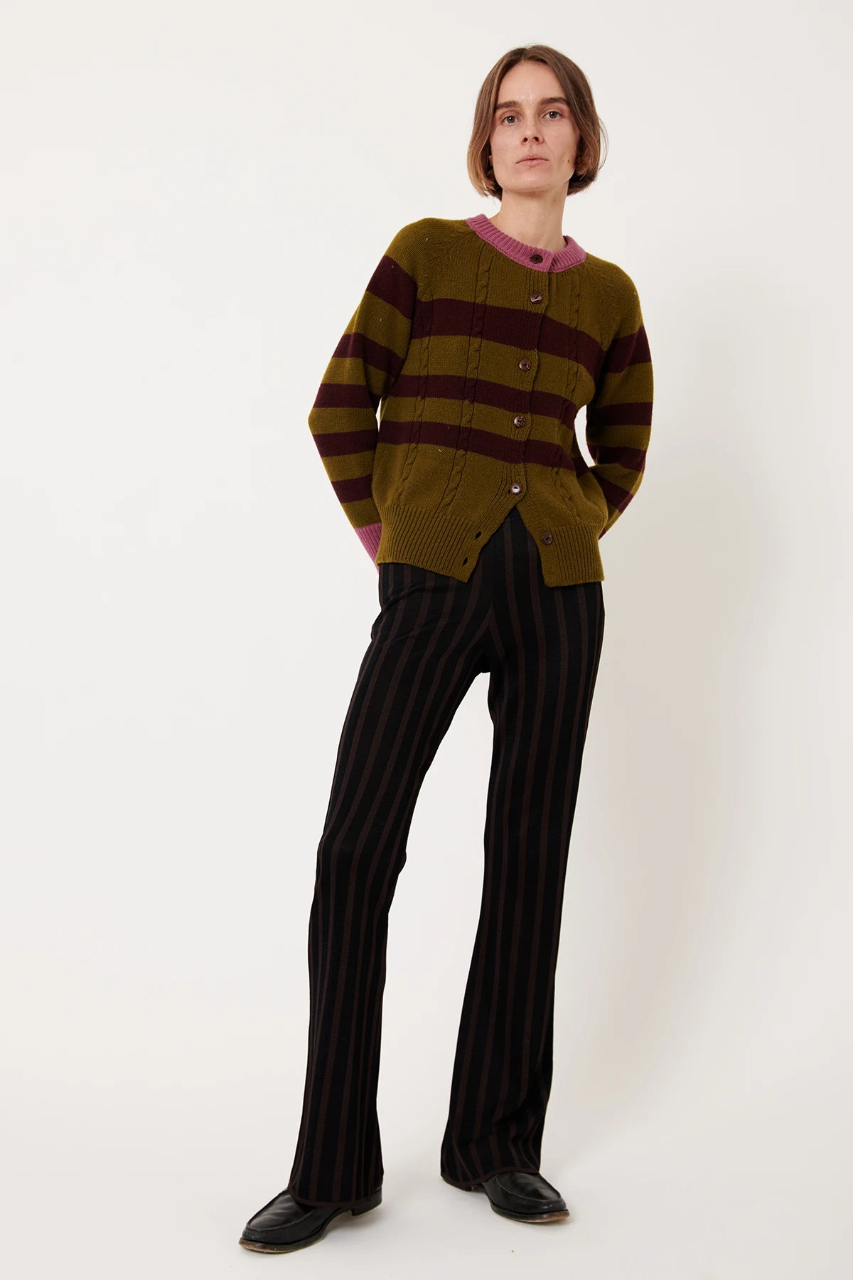 Tess Knitted Cardigan Striped Oliva and Melanzana