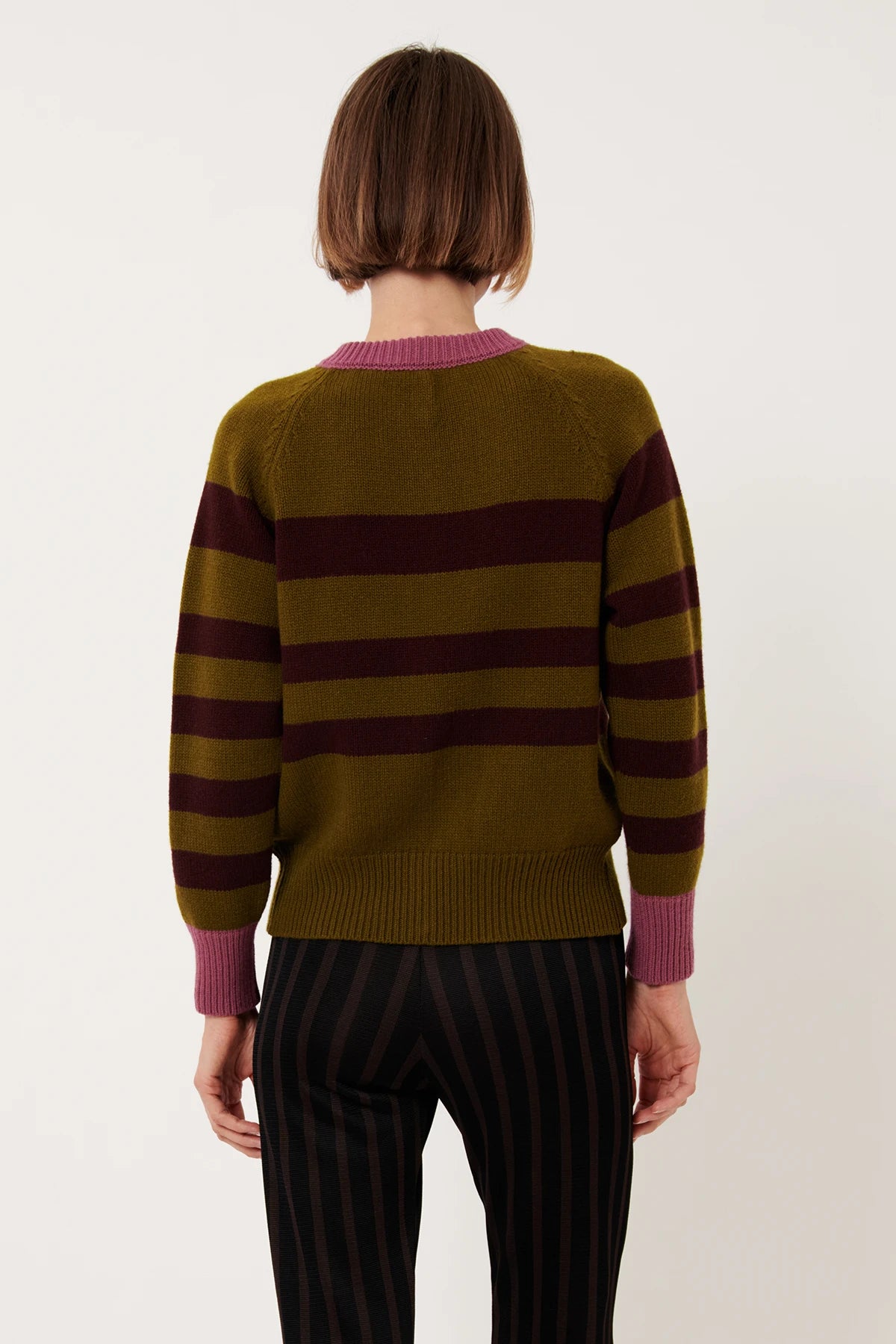 Tess Knitted Cardigan Striped Oliva and Melanzana