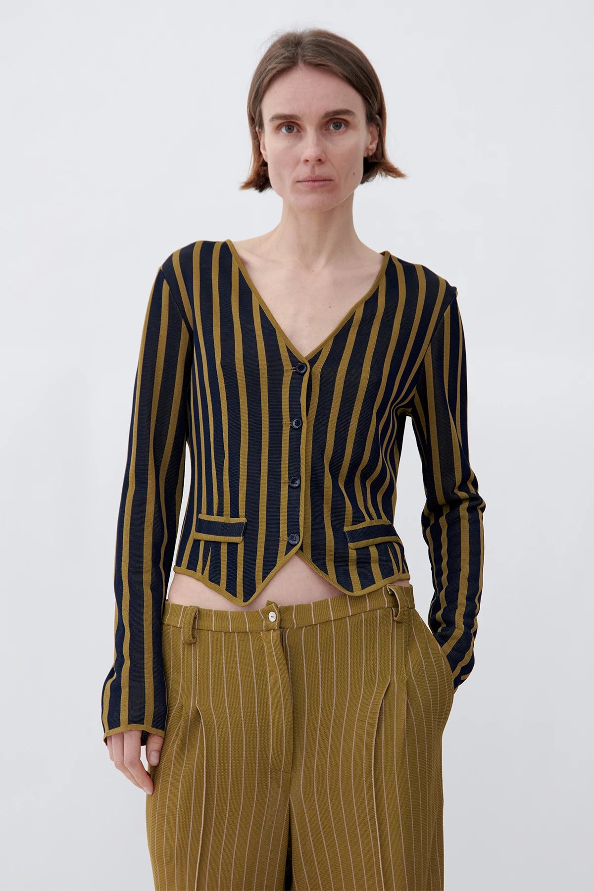 Eli Knitted Cardigan Striped Navy and Oliva