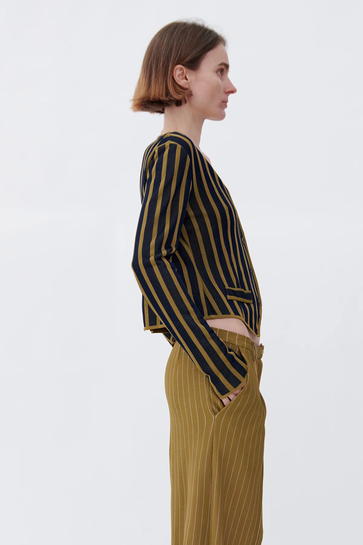Eli Knitted Cardigan Striped Navy and Oliva