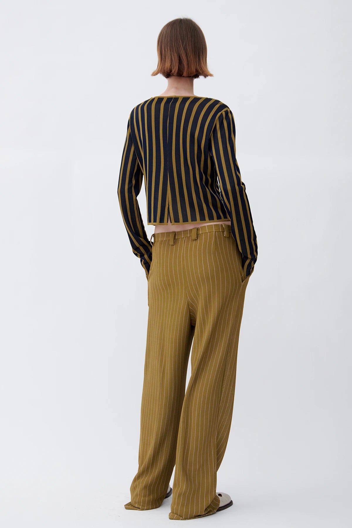 Eli Knitted Cardigan Striped Navy and Oliva
