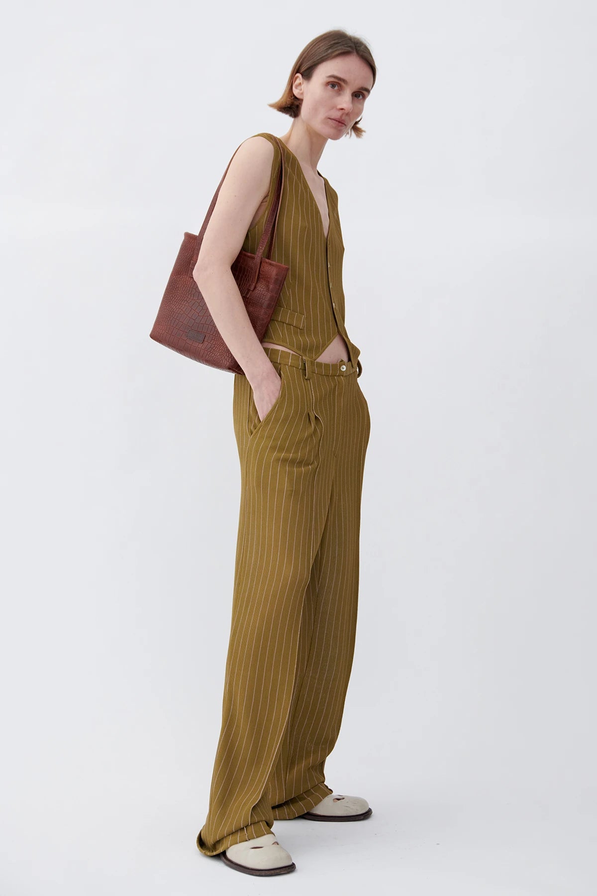 Poldo Knitted Pants Gessato Kaki and Rosa