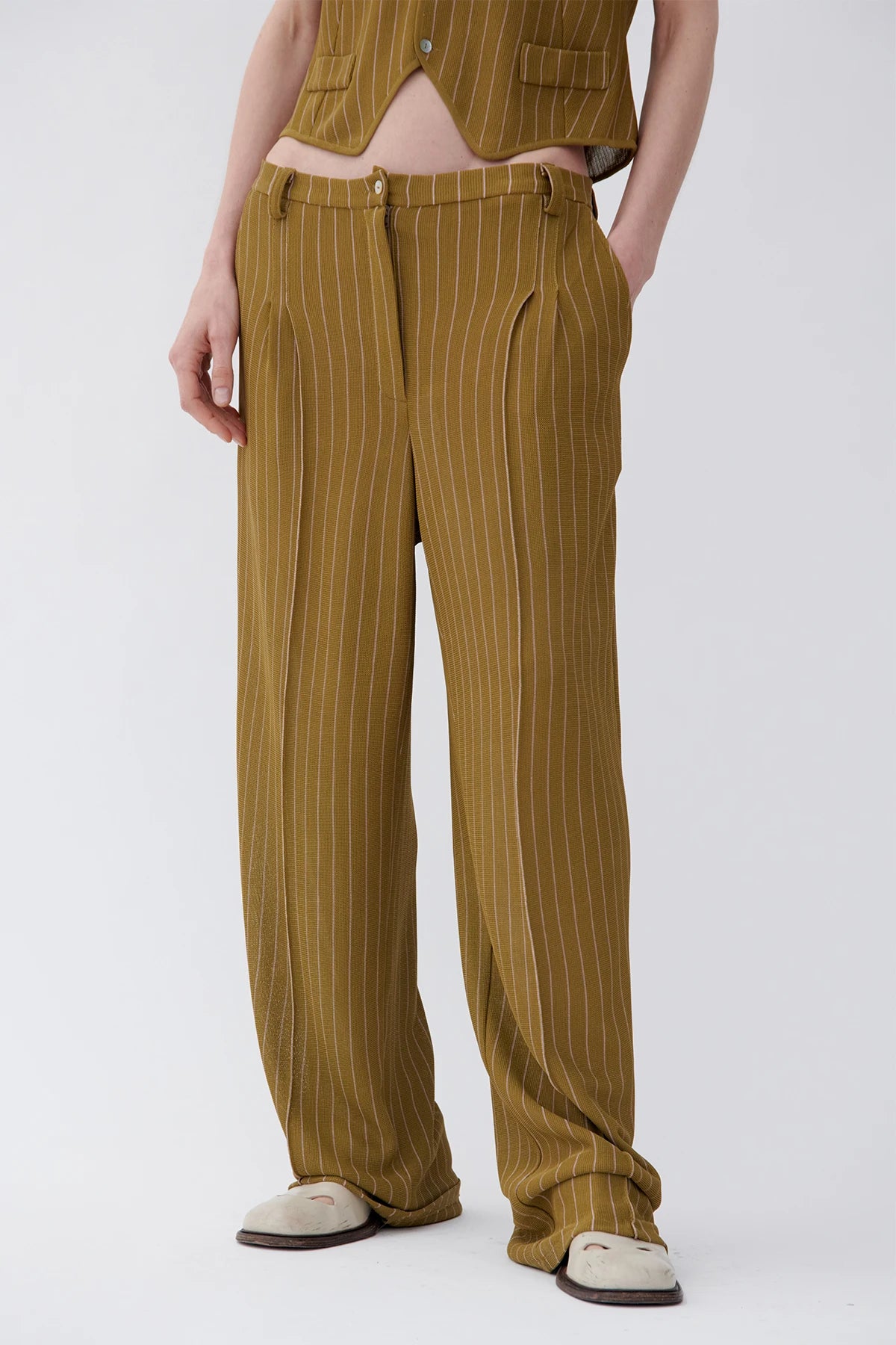 Poldo Knitted Pants Gessato Kaki and Rosa