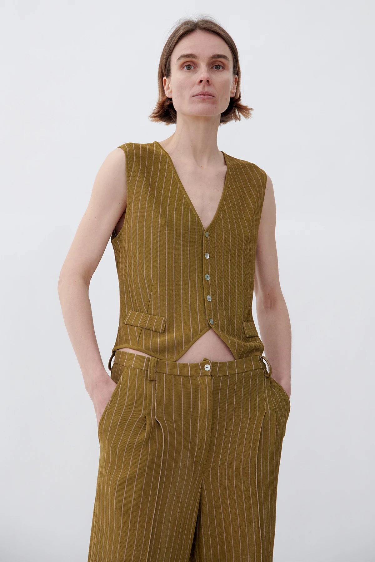 Robin Knitted Gilet Gessato Kaki and Rosa