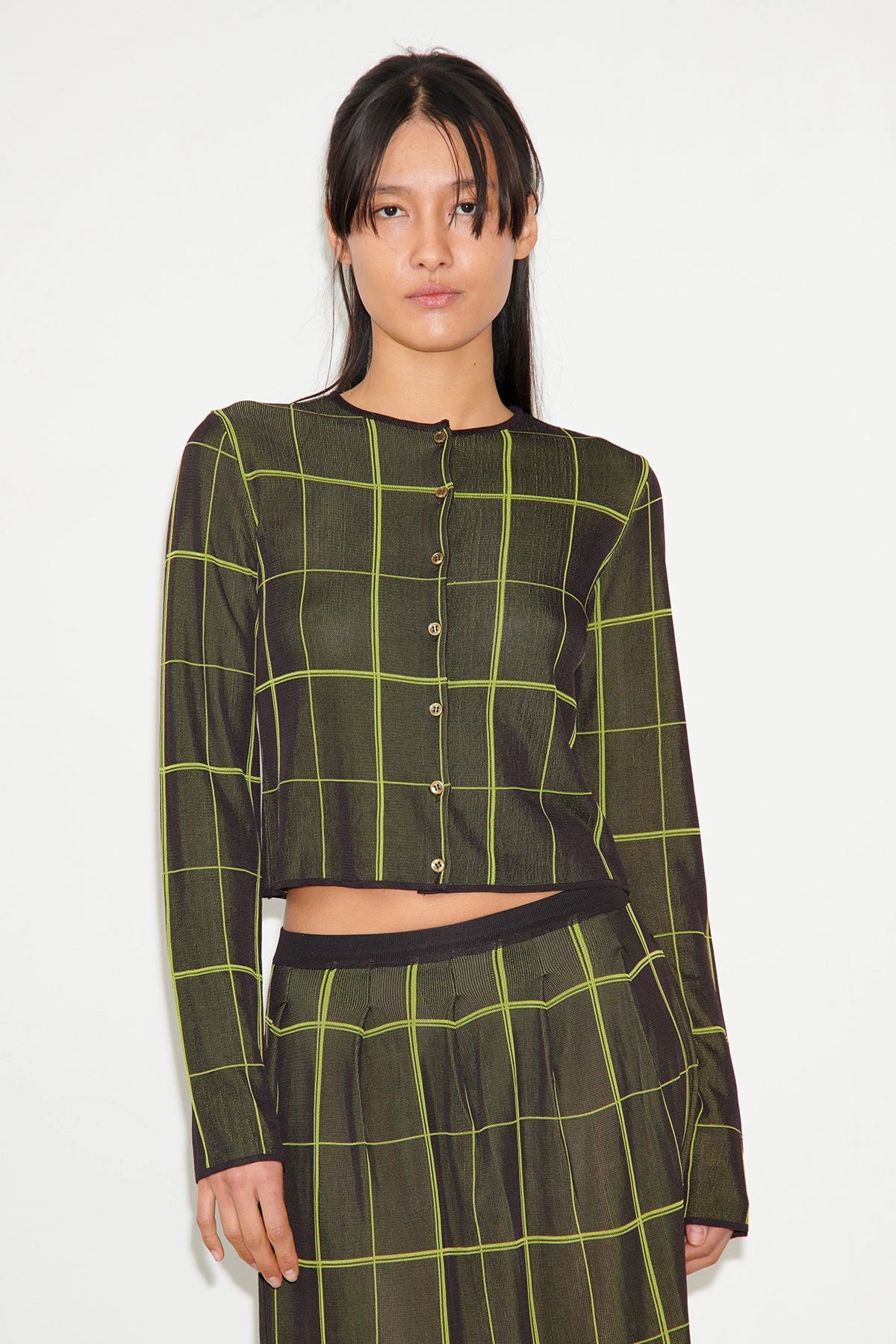 Bronski Knitted Cardigan Tartan Nero and Lime