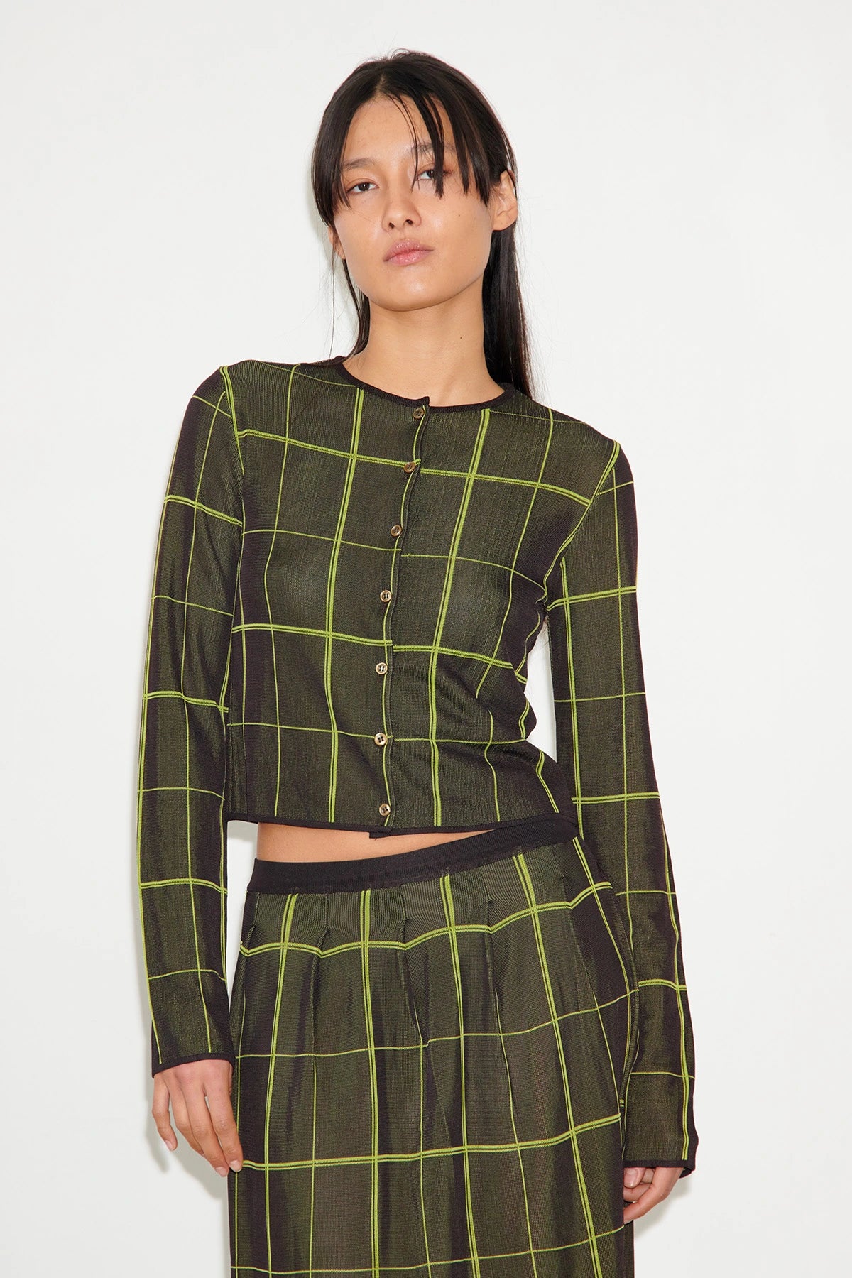 Bronski Knitted Cardigan Tartan Nero and Lime